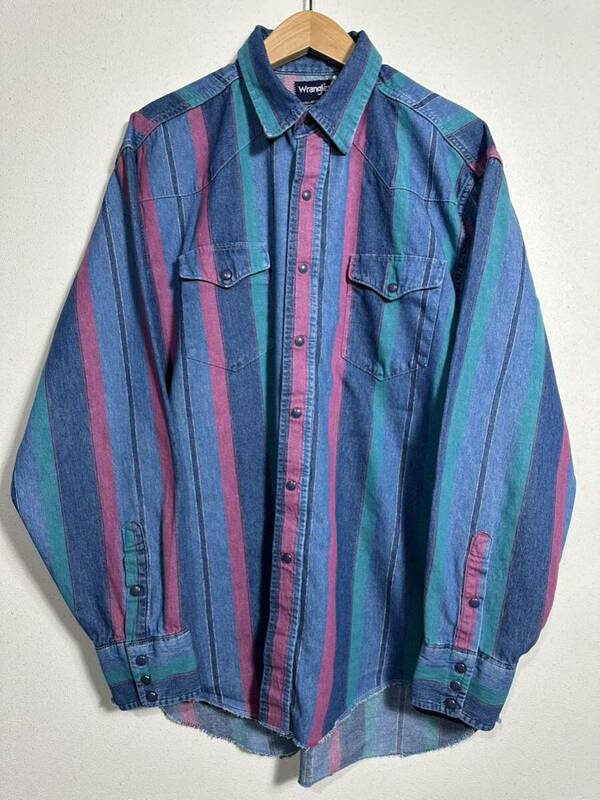 80's vintage Wrangler Western shirt ヴィンテージ ラングラー デニム ウエスタンシャツ ストライプ柄 古着 17-35 USA製