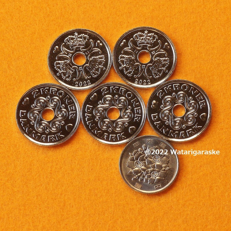 ★2022年★デンマーク2クローネ硬貨5枚【未使用】DKKコイン