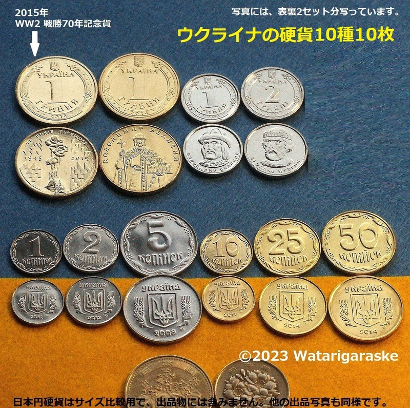 ★ウクライナ10種10枚★通常硬貨+記念貨(WW2 70周年)未使用★