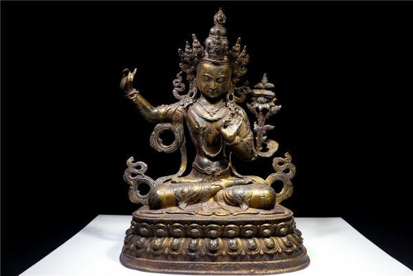 金銅細工 チベット密教 大迫力文殊菩薩造像高彫 無銘 鎮宅 開運置物 極上質