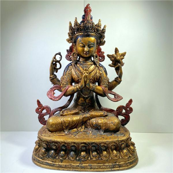 金銅細工 チベット密教 大迫力観自在菩薩座像高彫 鎮宅開運置物 極上質 高さ約32cm
