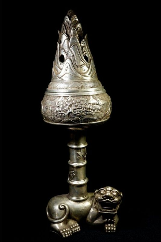白銅細工 風景文香炉唐獅高彫 乾隆年製在銘 開運財運置物 時代美品