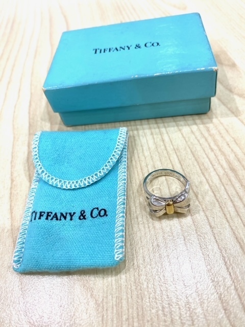 美品 Tiffany&Co. ヴィンテージ ティファニー リボン コンビ リング 指輪 約10号 シルバー イエローゴールド 750 K18 SV925 レディース