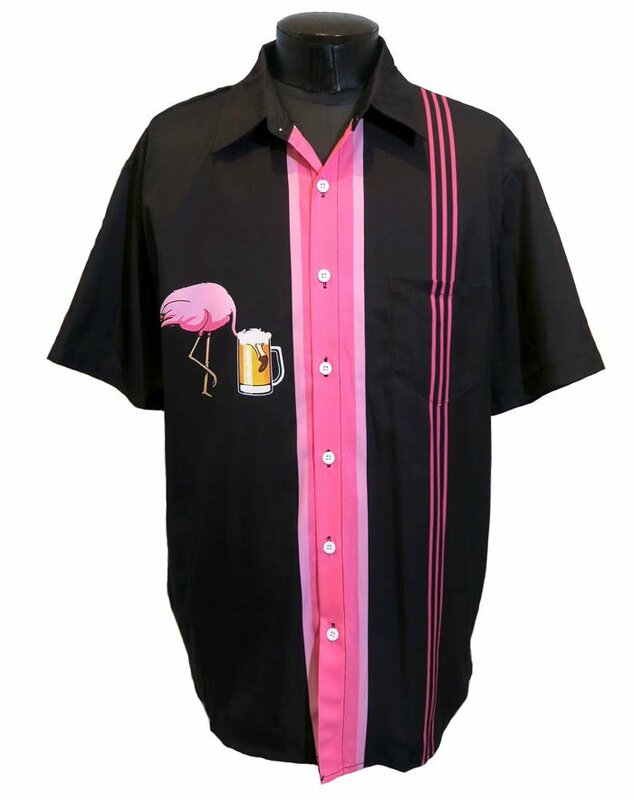 新品 Lサイズ ビールを飲むフラミンゴ 半袖シャツ 1091 黒×ピンク 生ジョッキ メンズ 柄シャツ ロカビリー パンク ロック ブラック パンク