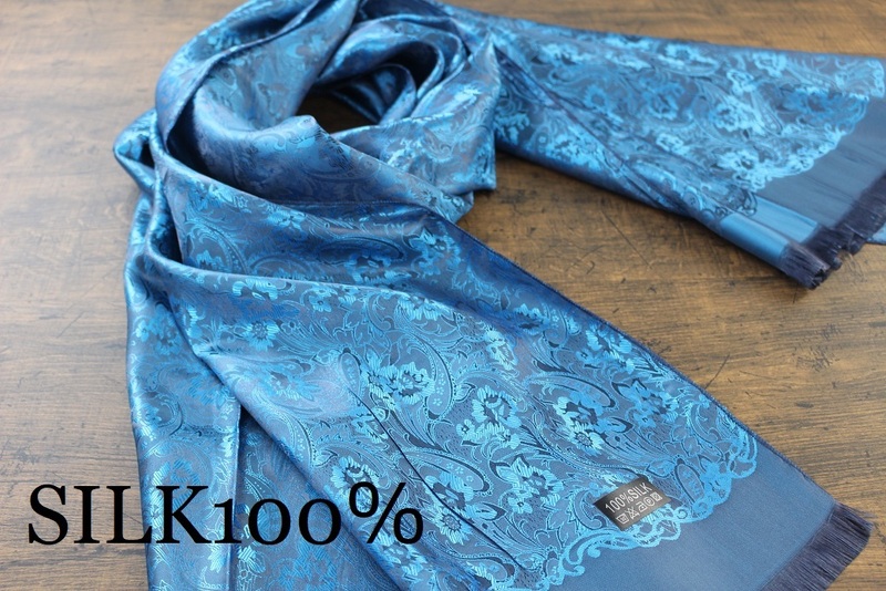 新品 薄手【シルク100% SILK】ペイズリー花柄 シャインブルー 青 S.BLUE 大判 ストール/スカーフ