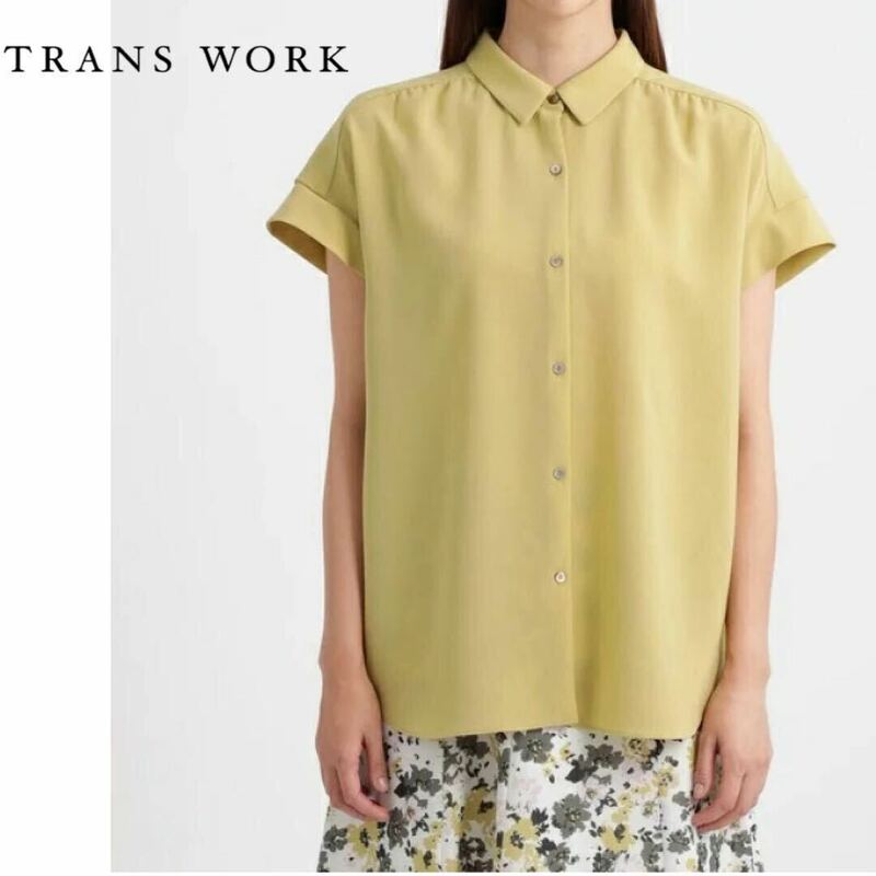 【美品】TRANS WORK トランスワーク 定価1.6万 洗える トリアセポプリンフレンチスリーブシャツ 40/Lサイズ相当 イエロー レディース