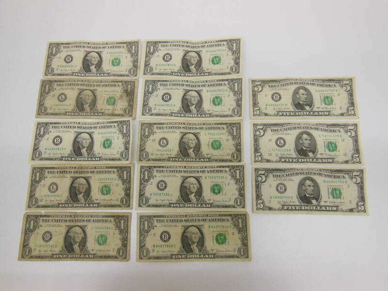 古銭祭 外国銭 アメリカ 1ドル札×10枚 5ドル札×3枚 計13枚おまとめ 25ドル分 保管品 貨幣 旧紙幣 アンティーク ワシントン リンカーン
