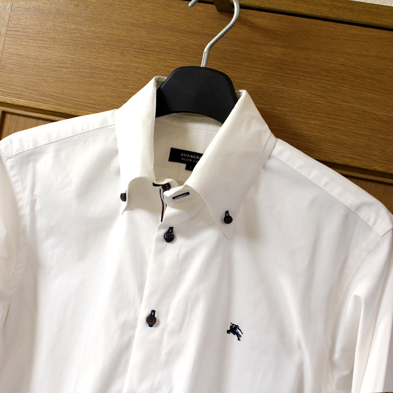 美品 Burberry バーバリーブラックレーベル コットン 長袖シャツ 2 BIGホース刺繍 前立てノバストライプ ドレスシャツ Yシャツ