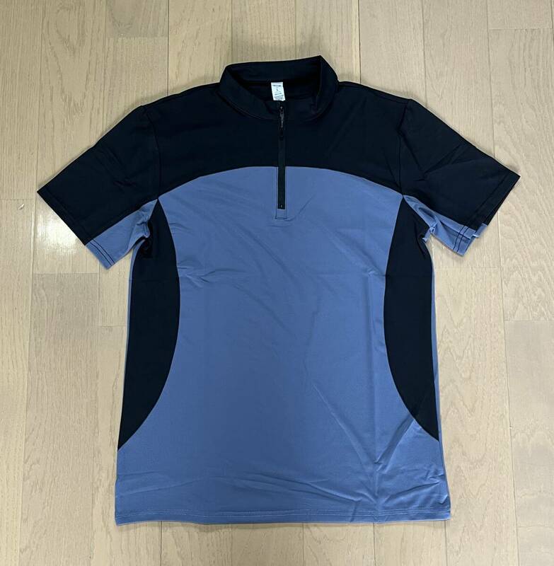 新品4471　夏用半袖トレッキングシャツ　首元ジッパー100％化繊素材　灰／藍　XL