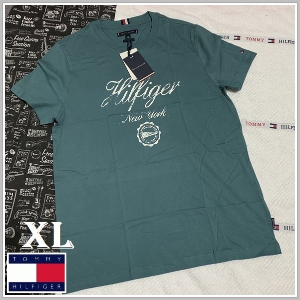 ビンテージ仕上げのグランジプリントTシャツ ブルー　XLサイズ　TOMMY HILFIGER #ngTOMMY