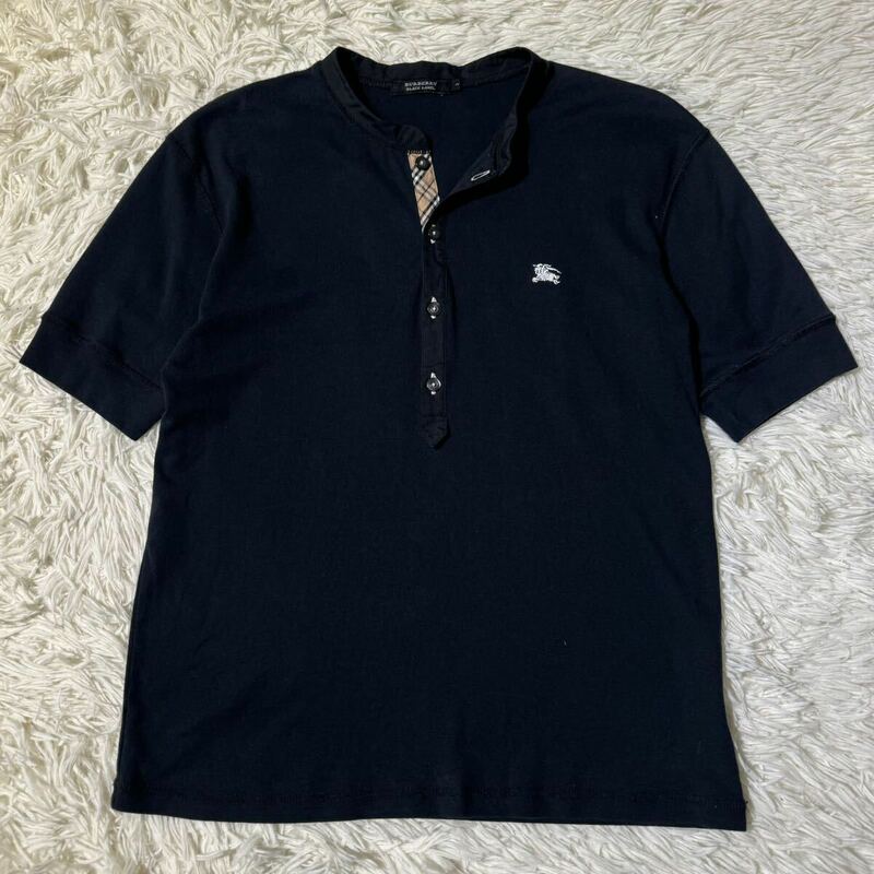 サイズ2/M★BURBERRY BLACK LABEL バーバリーブラックレーベル 半袖 Tシャツ 前立ノバチェック ホースロゴ 刺繍 ヘンリーネック 刻印釦 黒