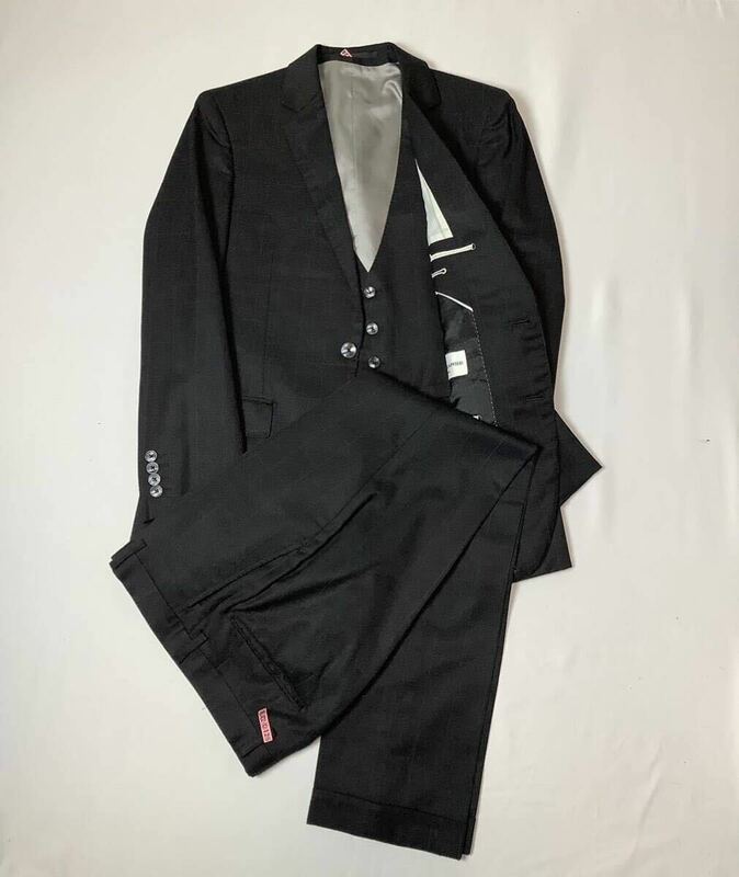JOHN PEARSE LONDON ジョンピアース // 背抜き 長袖 チェック柄 シルク混 シングル 3ピース スーツ (黒) サイズ 92A5 (M)
