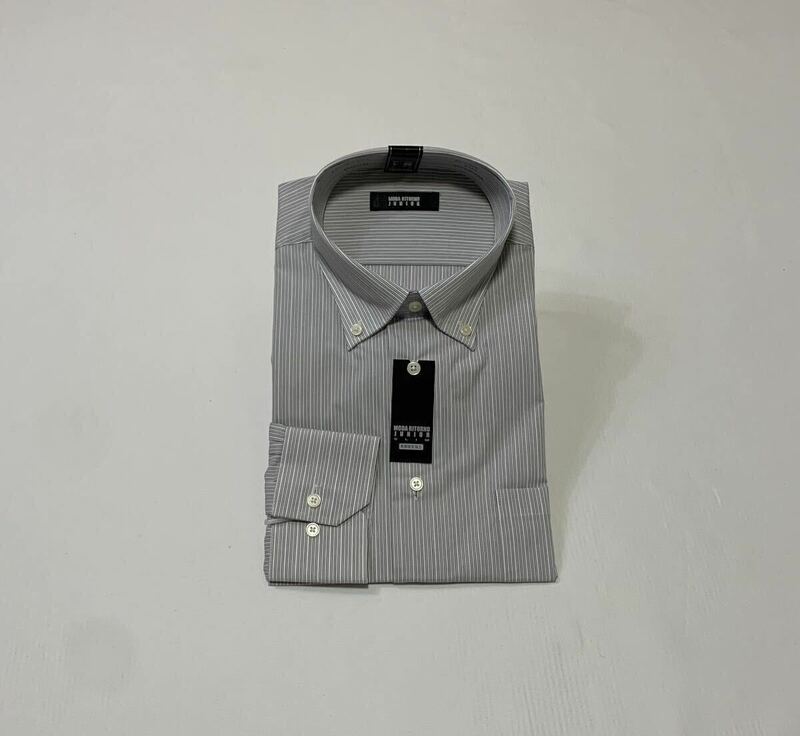 (未使用) MODA RITORNO JUNIOR // 形態安定 SLIM 長袖 ストライプ柄 ボタンダウン シャツ・ワイシャツ (白系×青系×グレー系)サイズ 41-86