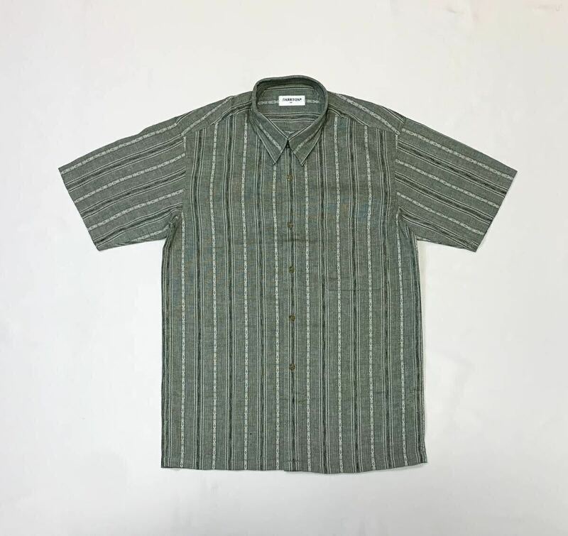 (未使用) PARRTON // 半袖 ストライプ柄 コットン シャツ (緑系×白) サイズ M