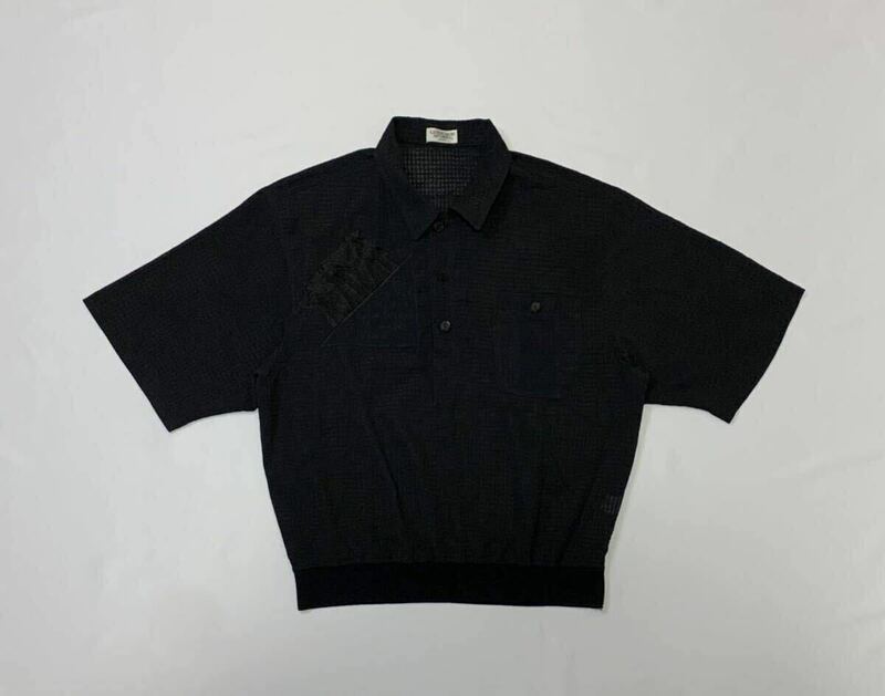 LESHURON SPORTS // 麻混 半袖 刺繍 シアー コードレーン ドライ ポロシャツ (黒) サイズ L