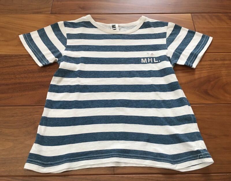 即決 マーガレットハウエル MHL キッズ 子供 120 ティーシャツ Tシャツ ネイビー ボーダー しましま 難あり ロゴ 送料188円