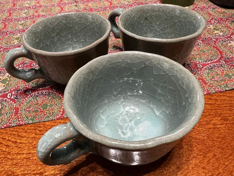 益子焼 コーヒーカップ マグカップ 陶器 茶器 官窯 青瓷 アート 3脚 骨董品 昭和レトロ