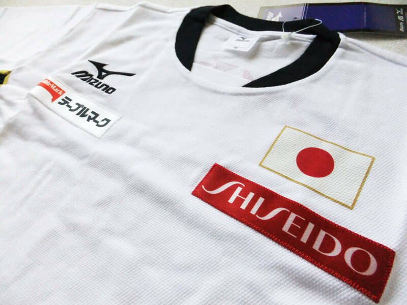 XSサイズ 体操 日の丸 JAPAN 日本代表 半袖シャツ スポンサーエンブレム付き トレーニング Tシャツ ミズノ 白×黒