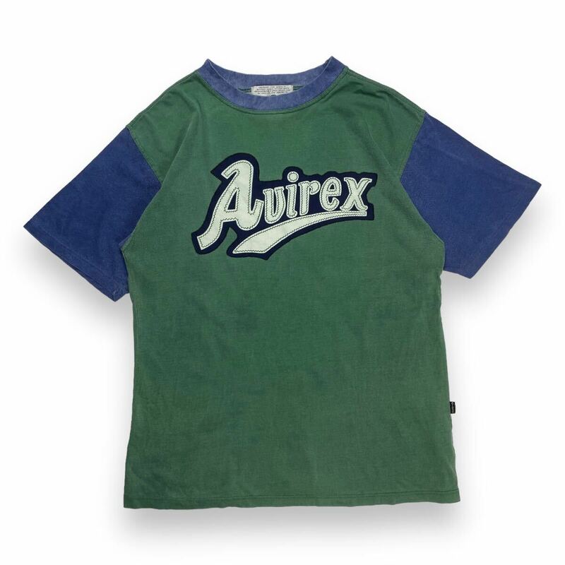 AVIREX アヴィレックス ロゴプリント 半袖Tシャツ グリーン×ブルーS ミリタリー