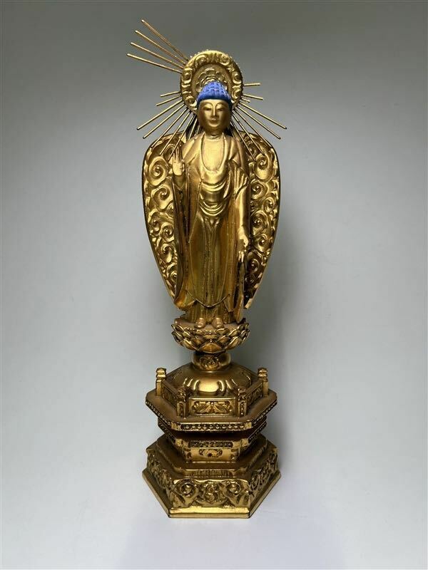 112 時代物 仏教美術 木彫 阿弥陀如来像 H33cm 重量400g 現状品 合わせ木箱 仏像 仏具 鳴物 寺院 密教 法具 木工品
