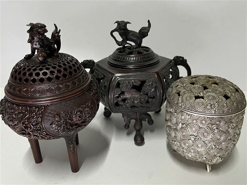 105 時代物 古銅 三足 香炉 3点 総重量2.3kg 宏采 銅製 香道具 茶道具 煎茶道具 中国美術 古玩