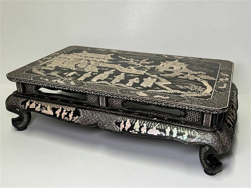 114 時代物 唐物 木製漆塗 螺鈿細工 花台 平卓 飾台 天板33cm×54.5cm 木箱 細密細工 螺鈿 中国美術 古玩
