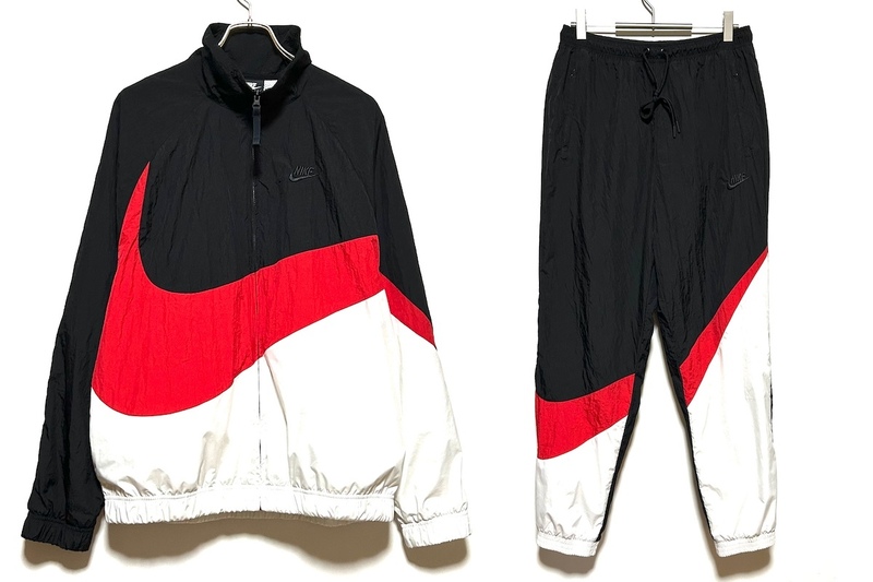 NIKE HBR STMT WOVEN JACKET・PANTS（M）黒／赤／白 ナイキ ビッグ スウッシュ ウーブン ナイロン セットアップ オーバー サイズ