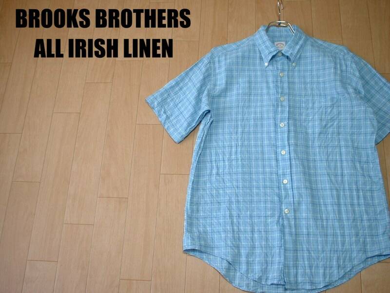 大人気BROOKS BROTHERSオールアイリッシュリネングラフチェックボタンダウンシャツ美品M正規ブルックスブラザーズIRISH LINEN青ブルー