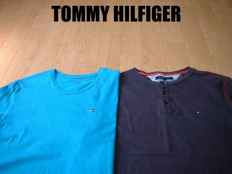 即戦力2着セットTOMMY HILFIGERワンポイント刺繍TシャツLターコイズブルー&紺ネイビー正規トミーヒルフィガーフラッグクルーヘンリーネック