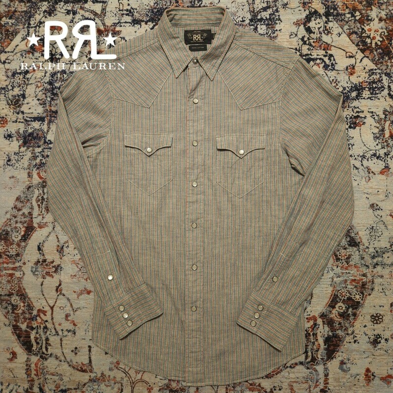 【逸品】 RRL Striped Chambray Western Shirt 【S】 ストライプ シャンブレー ウエスタン シャツ 総柄 シルバーコンチョ Ralph Lauren 