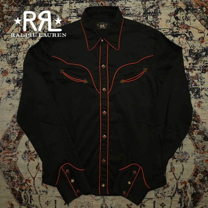 【超希少】 RRL Black Western Shirt 【M】 ブラック ウエスタン シャツ 黒 赤 シルバーコンチョ レザー 最高傑作品 大理石 Ralph Lauren
