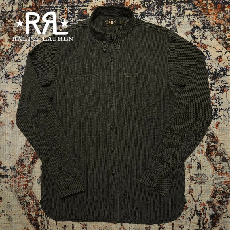 【逸品】 RRL Black Wabash Work Shirt 【M】 ブラック ウォバッシュ ワーク シャツ ストライプ 漆黒 抜染 1940s チンスト Ralph Lauren