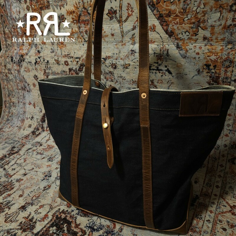 【逸品】 RRL Leather Trim Rigid Denim Tote Bag レザー トリム リジッド デニム トート バッグ 牛革 鞄 本藍染 Ralph Lauren