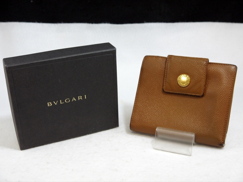 USED品 BVLGARI ブルガリ 二つ折り財布 Wホック ブラウン×ゴールド 外箱付