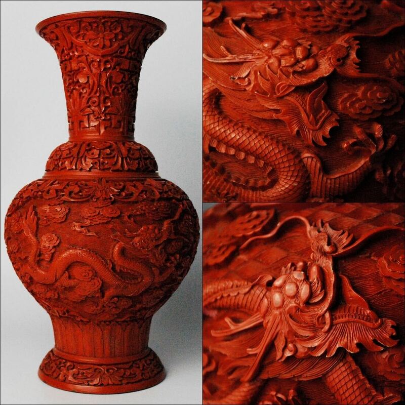 中国美術 時代物 堆朱 内七宝 五爪雲双龍彫刻 花瓶 飾壷