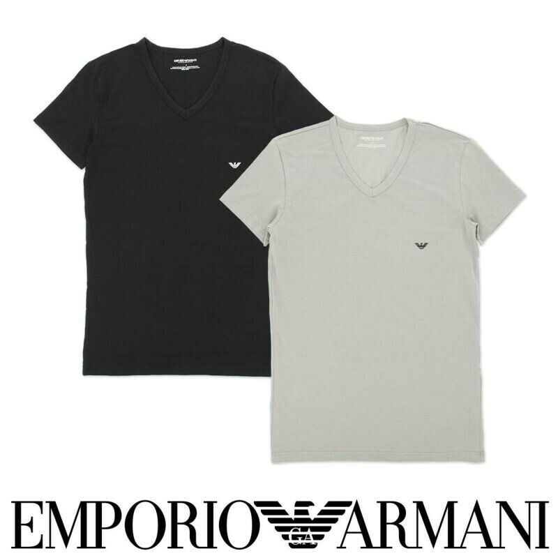 EMPORIO ARMANI エンポリオアルマーニ STRETCH COTTON ストレッチコットン Vネック 半袖 Tシャツメンズ 2枚組 54007172 ブラックグレー L