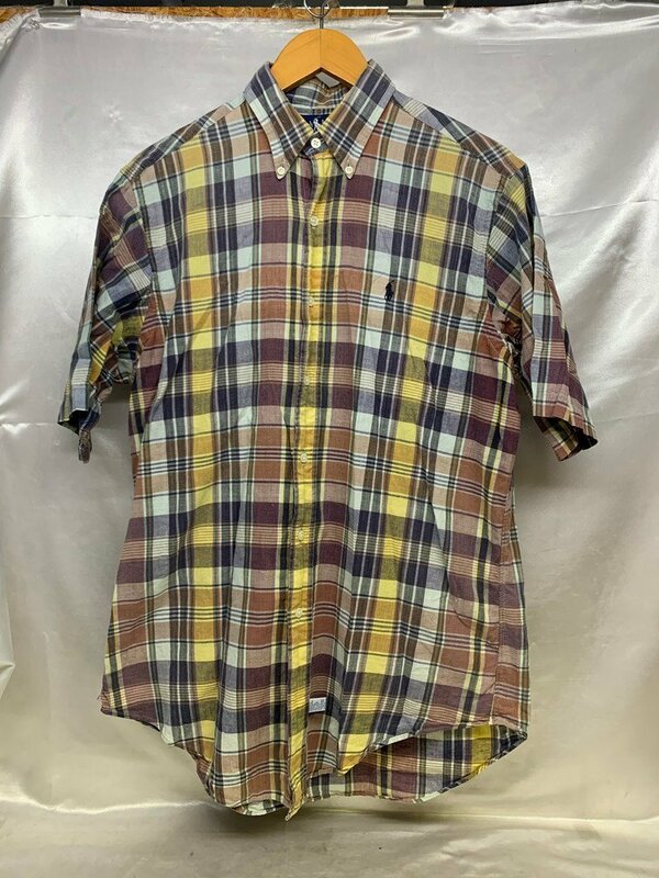 Ralph Lauren ラルフローレン ワンポイント刺繍 チェック ボタンダウンシャツ 半袖シャツ サイズM メンズ トップス 古着