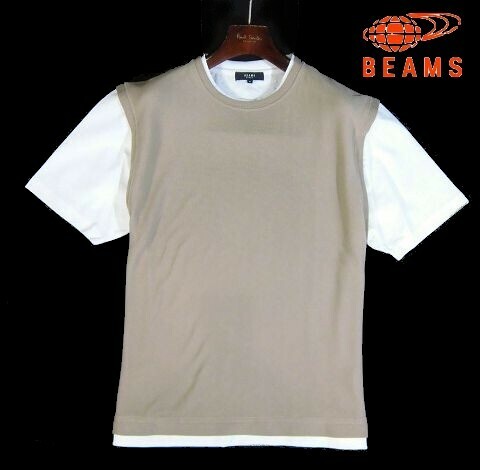 F土06012新品▼ ビームス ベストフェイクレイヤード 半袖Tシャツ 【 L 】 半袖カットソー 重ね着 Tシャツ BEAMS ベージュ系