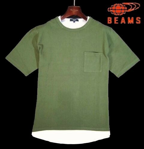 E日05433新品▼ ビームス BEAMS フェイクレイヤード 半袖カットソー 【 XL 】 半袖Tシャツ 重ね着 Tシャツ オリーブ系