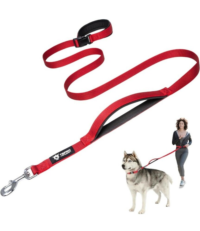 TSPRO ハンズフリーの犬用リード 調節可能な犬用散歩・ランニング用リード、コントロール安全パッドハンドルと重いクラスプつき