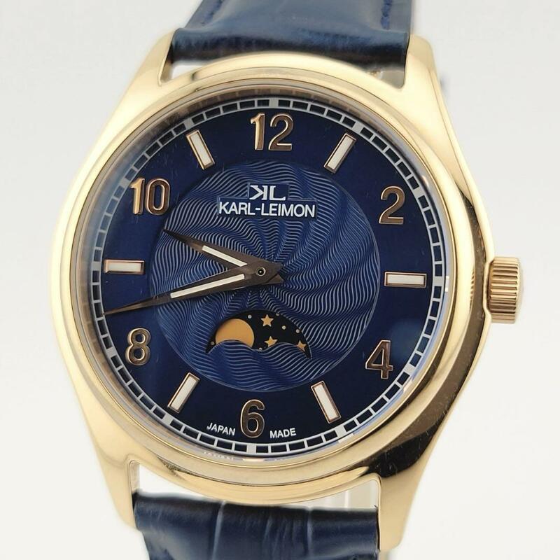 極美品 KARL-LEIMON Classic Simplicity カルレイモン クラシックシンプリシティー ゴールドブルー ムーンフェイズ クォーツ 腕時計 メンズ