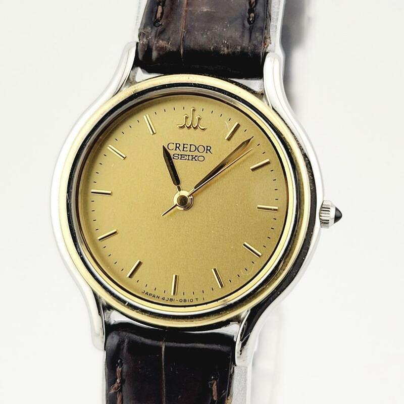  美品 動作確認済 SEIKO セイコー クレドール 腕時計 クォーツ 3針 ラウンド 4J81-0A60 18KT ゴールド シルバー レディース　純正ベルト