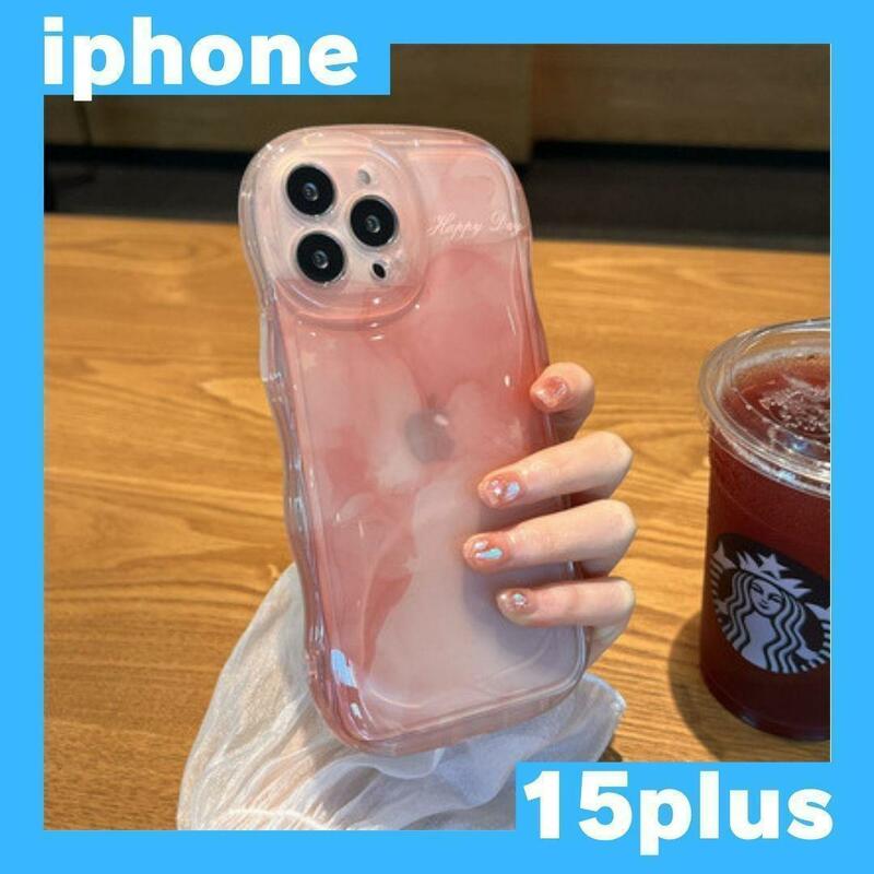 ぼかしグラデーション iPhone15plusケース ピンク 水墨 透け感