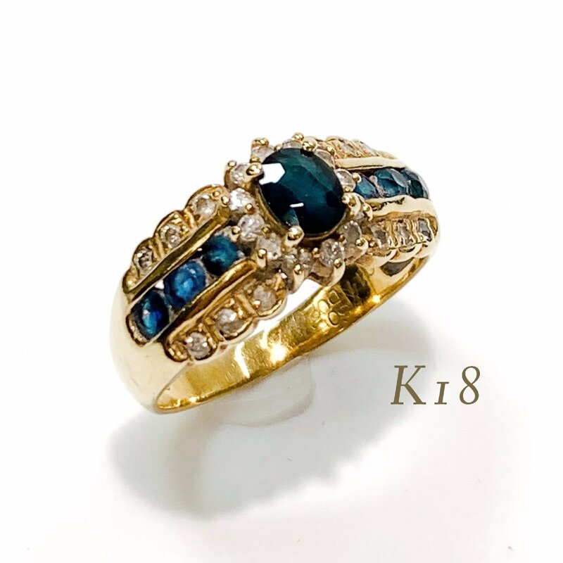 K18 天然石 ダイヤモンド リング 約13号 約4.1g 指輪 GOLD ゴールド 18金 750 18K 貴金属 刻印 ダイヤ 青色石 レディース アクセサリー