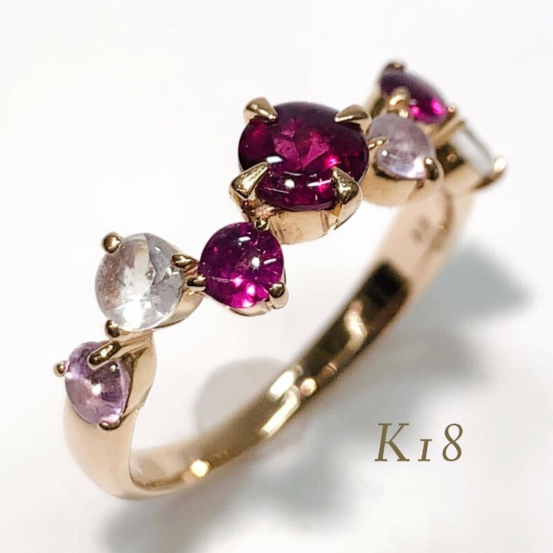 美品 K18 天然石 ファッション リング 約11号 約2.9g 指輪 GOLD ゴールド 18金 750 18K 貴金属 刻印 紫 白色 色石 レディース アクセサリー