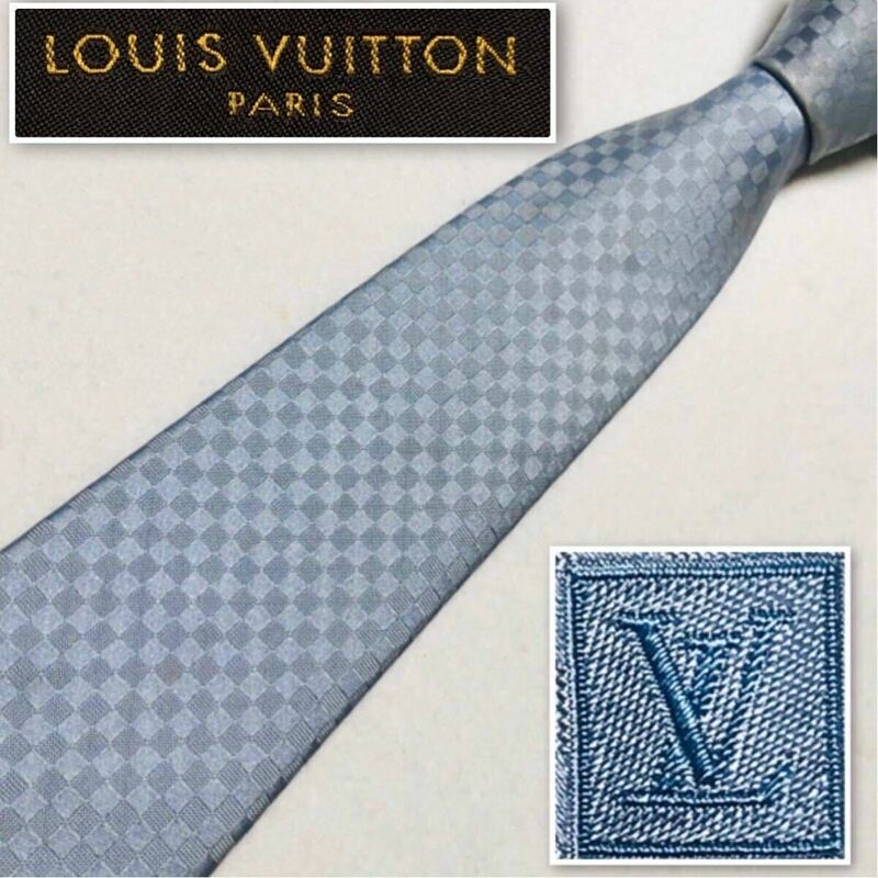 LOUIS VUITTON ルイヴィトン　ネクタイ　ダミエ　シャドーモチーフ　シルク100% イタリア製　ライトブルー