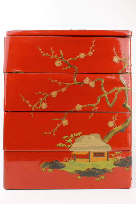 467【明治時代】琉球漆器　四段重箱　堆錦　梅花山水文　参考品