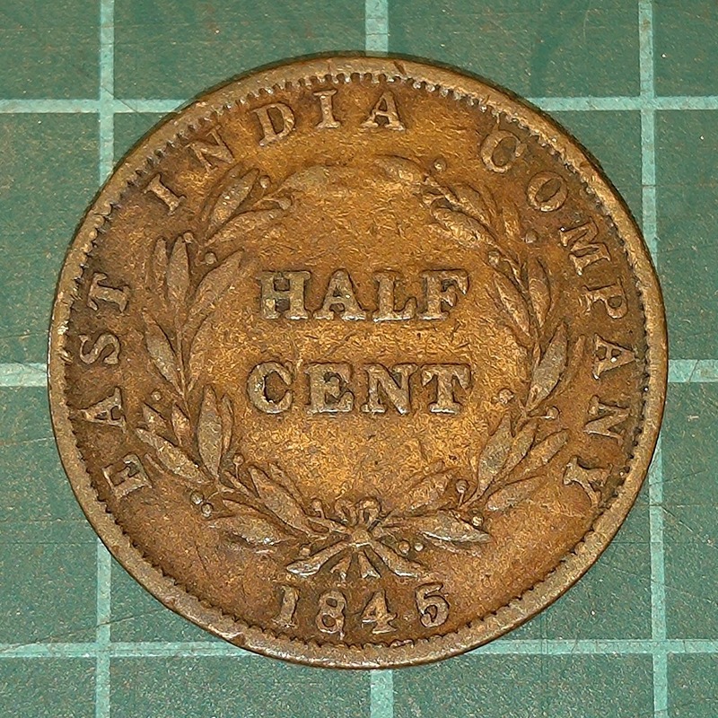 【1円スタート】イギリス領インド 東インド会社 1/2セント 硬貨 ヴィクトリア女王 1845年