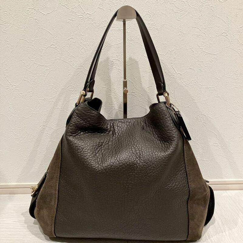 【美品】【コーチ】COACH トート 肩掛けショルダー バッグ EDIE イーディー レザー スエード こげ茶 A4可能 通勤通学 20334 （20240508）