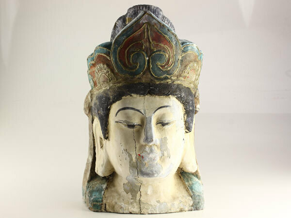 中国美術　木造　彩色　観音　仏頭　仏教美術　高さ39ｃｍ　E1603